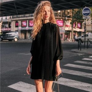NEW • Sezane • Armance Polka Dot Black Pleated Mini Dress Long Sleeves 36 / 4